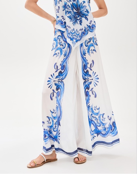 FARM Rio Pants - FARM Rio White Wide-Leg Pants with Blue Floral Border